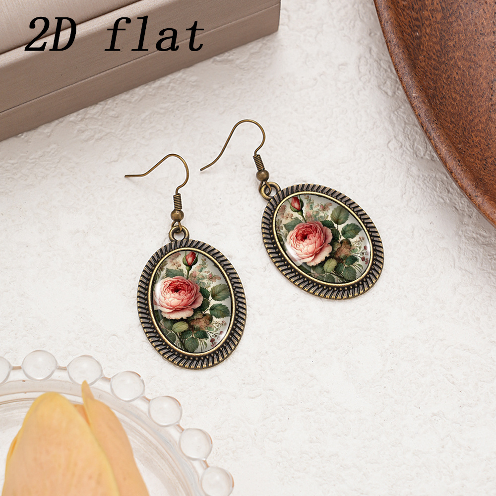 Retro Pink Peony Bud & Green Pendant Dangle Earrings for Men & Women